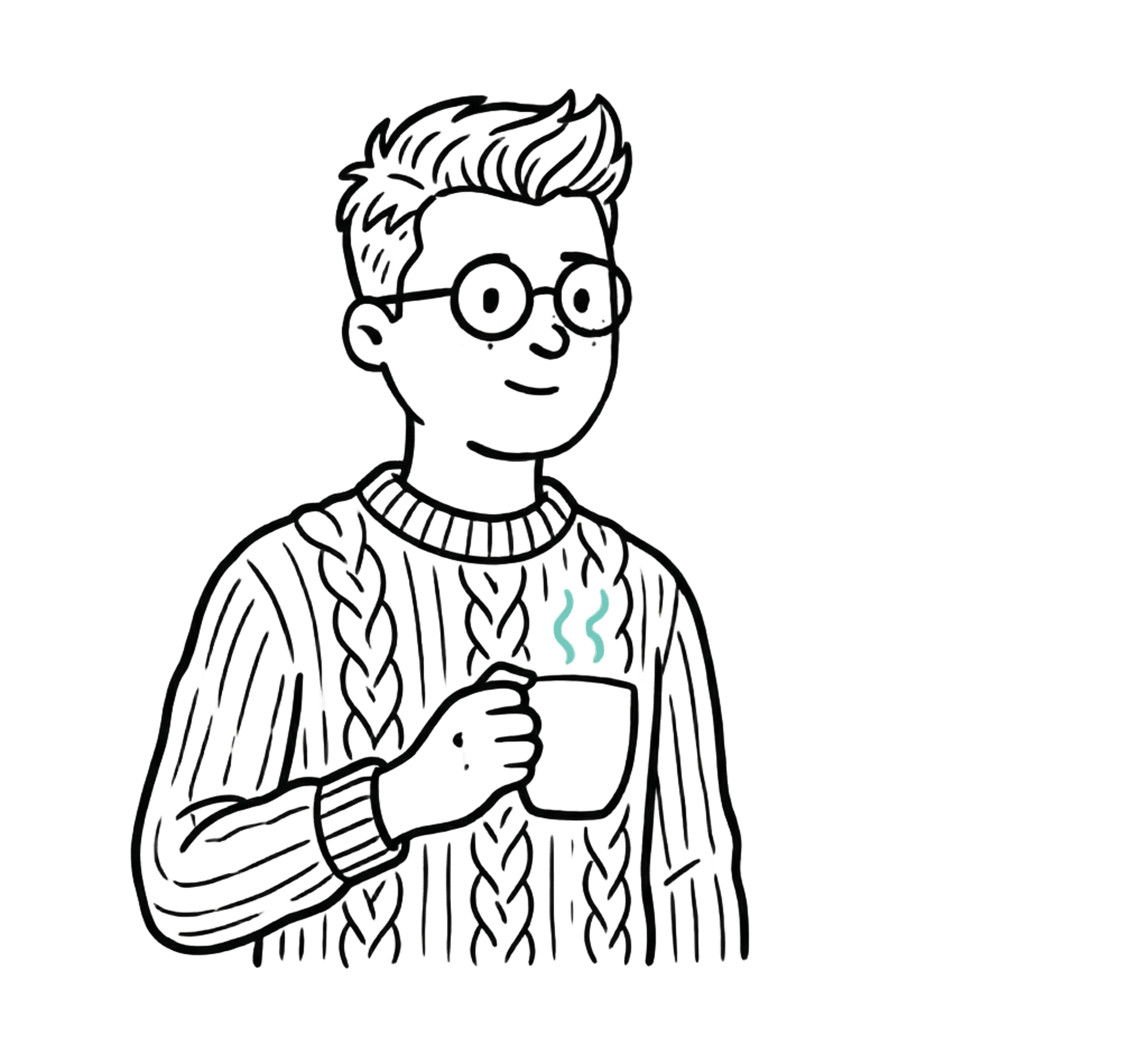 Desenho a nanquim de Antonio Mesquita, de óculos e suéter de tranca, segurando uma caneca.